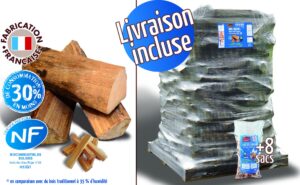 Bûches 40 cm, 1.66m³, 2.25 stères + 8 sacs bois d'allumage