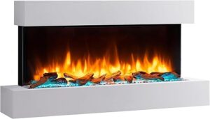 Cheminée électrique Murale Runswick Endeavor avec Cadre et Socle MDF Blanc cassé, 220 / 240Vac, 50 Hz, 1 & 2kW et télécommande programmable 7 Jours.
