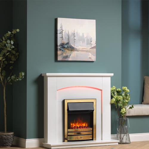 Endeavour Fires New Cayton Electric 42Fireplace Suite fitted with Brass Trim and Fret 220240Vac 12kW with 7 day Programmable Remote Control Heater in off white MDF Surround