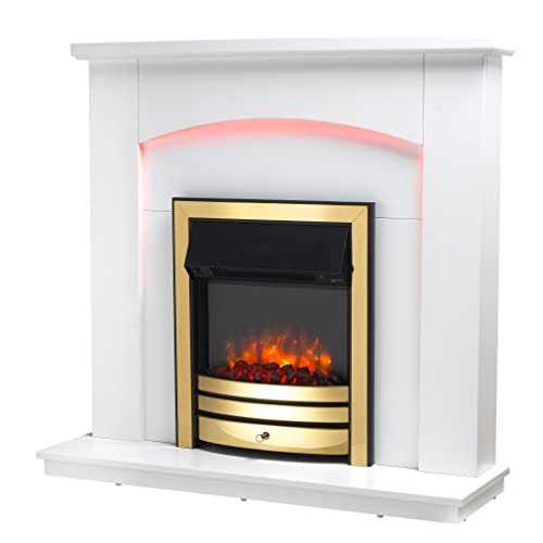 Endeavour Fires New Cayton Electric 42Fireplace Suite fitted with Brass Trim and Fret 220240Vac 12kW with 7 day Programmable Remote Control Heater in off white MDF Surround