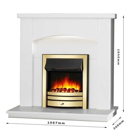 Endeavour Fires New Cayton Electric 42Fireplace Suite fitted with Brass Trim and Fret 220240Vac 12kW with 7 day Programmable Remote Control Heater in off white MDF Surround
