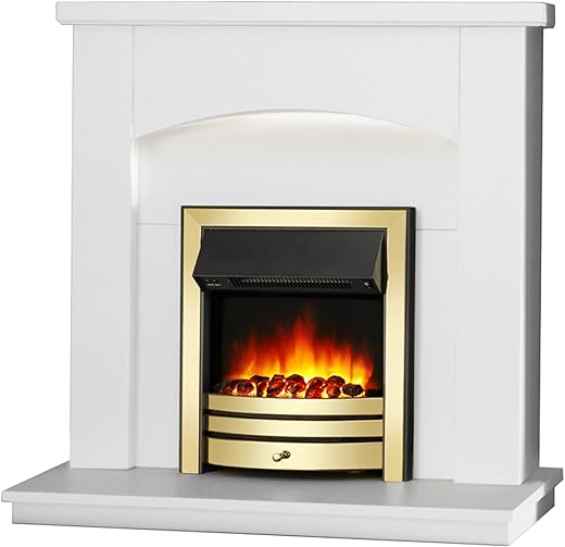 Endeavour Fires New Cayton Electric 42Fireplace Suite fitted with Brass Trim and Fret 220240Vac 12kW with 7 day Programmable Remote Control Heater in off white MDF Surround