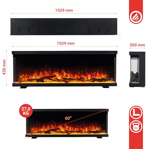 KAMINIO LEA 3 in 1 Electric Fireplace with Panoramic View Heating 3D Flame Effect 12 Flame Colours Remote Control 60 Inches