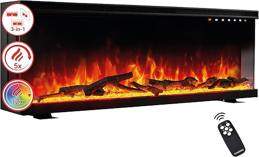 KAMINIO LEA 3 in 1 Electric Fireplace with Panoramic View Heating 3D Flame Effect 12 Flame Colours Remote Control 60 Inches